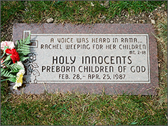 Headstone at burial site of 500 abortion victims at St. Mary Cemetery in Evergreen Park, Illinois