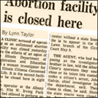Chicago Tribune article from April 13, 1974 reports the closing of the Albany abortion clinic in Chicago