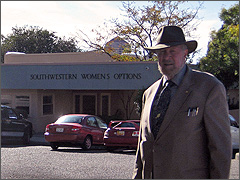 Joe Scheidler in front of the 'Southwestern Women's Options' Pregnancy Resource Center