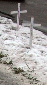 Memorial crosses in the snow