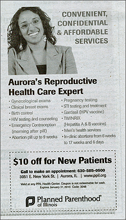 Planned Parenthood's ad in the Aurora Beacon