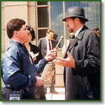 Joe Scheidler gives an interview outside the Federal Building