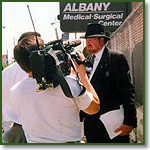 Joe Scheidler being interviewed outside Albany abortion clinic