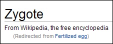 Screenshot of Zygote redirected from Fertilized Egg on Wikipedia