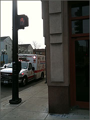An ambulance waits to take away a Planned Parenthood abortion victim.