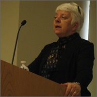 Vicki Thorn speaking at Resurrection Hospital in Chicago [Photo by John Jansen]